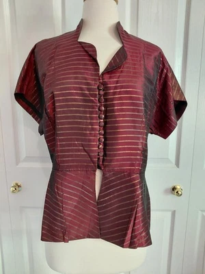 Blusa Top Camisa Abotonada Vintage Años 40 Volup Borgoña Oro Tafetta Talla XL Foto 1 de 4