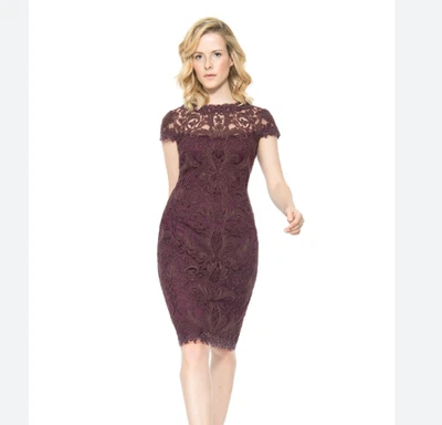 Vestido Tadashi Shoji Tul Manga Gorra Vaina Púrpura Cordón Bordado Nuevo con Etiquetas Talla Foto 1 de 4