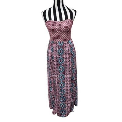 Strapless Boho Maxi Dress Pink Blue Tribal Print Smocked Bodice Size M - Image 1 of 4
