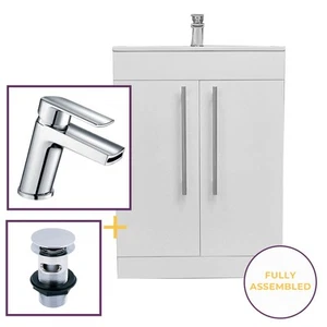 White Gloss Bathroom Sink With Storage Cupboard & Chrome Tap Click Clack Waste - Picture 1 of 12