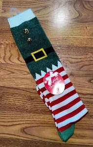 WOMENS KNEE HIGH GREEN/WHITE/RED STRIPE ELF~SANTA SOCKS~JINGLE BELLS~NWT - Picture 1 of 2