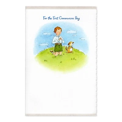 Cute FIRST COMMUNION Card FOR BOY, Pray with Dog by American Greetings +Envelope - Image 1 of 4