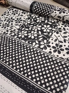 Indian black and white kantha throw handmade cotton quilt king size bedspread - Picture 1 of 20