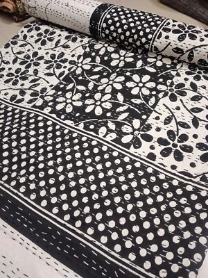 Indian black and white kantha throw handmade cotton quilt king size bedspread - Image 1 of 4
