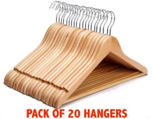 20 x Wooden Coat Hangers Suit Garments Clothes Wardrobe Wood Hanger Trouser Bar - Picture 1 of 4