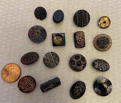 Antique Victorian Luster Glass Button Lot 16 Oval Cranberry Dog Square Black - Image 1 of 4