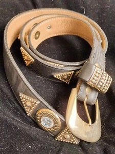 Vtg LEATHEROCK Dark Brown Leather BELT Medallions Crystals Goldt. Glam Rock Sz M - Picture 1 of 2