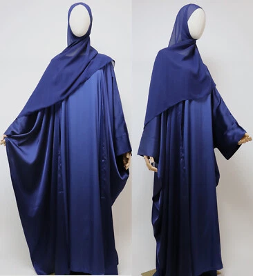 3 Piece Set Dubai Abaya Satin Batwing Bisht Open Farasha Muslim Dress Navy - Imagem 1 de 4