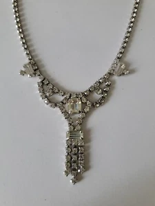 Vintage Kramer Clear Rhinestone Necklace w/ Drop Pendant 15.25"L - Picture 1 of 19