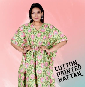 Yellow Floral Print 100%Cotton Caftan Hand Block Printed Kaftan Nightwear Dress - Picture 1 of 3