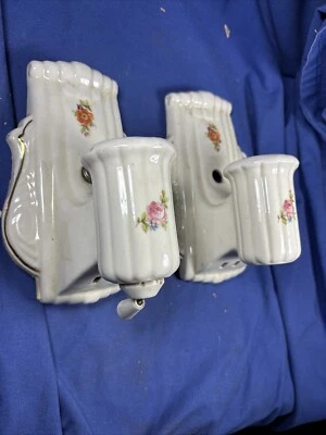 Aplique de pared vintage de cerámica blanca porcelana floral rosa par de lámparas Foto 1 de 4