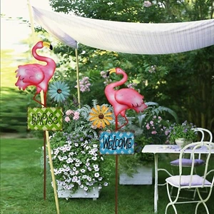 Flamingo Garden Stakes Decorative Metal Welcome Bird Yard Decor Outdoor 32in H - Picture 1 of 14