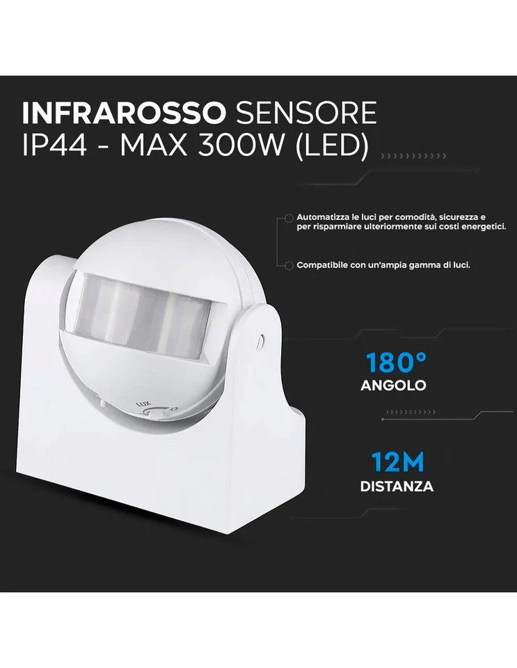 Sensore Di Movimento Ad Infrarossi PIR Angolo D'azione Di 180° Crepuscolare - - Immagine 1 di 4