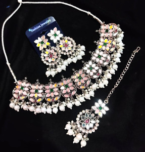 Indian Bollywood Silver Plated Choker Mirror Bridal Necklace Earring Jewelry Set