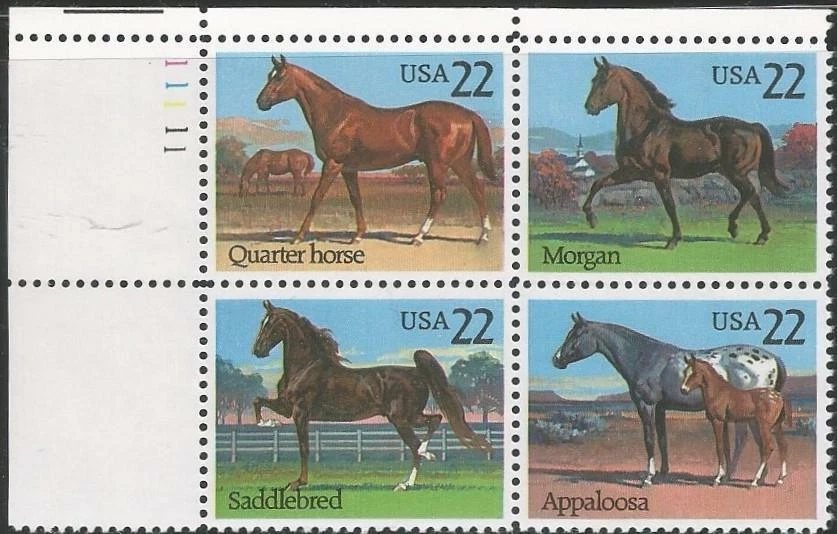 Plate Block of 4 stamps - Scott 2155-58 - 22 cent - Horses - 1985 - MNH - Image 1 of 1
