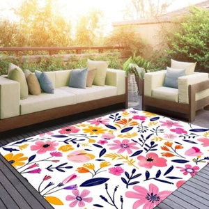 Pink Yellow Floral Pattern Washable Outdoor Rug Vibrant Cute Art Deco Home Rugs - Picture 1 of 6