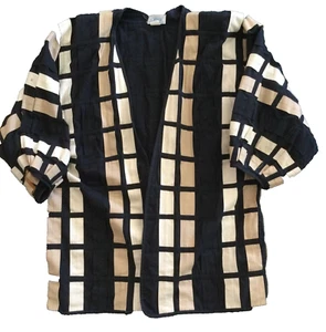 VTG Geometric Checkered Lattice Textured Open Front Jacket Coat Black Cream Tan - Picture 1 of 13