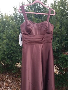 Alfred Angelo Midikleid braun Satin Spaghettiträger Größe 12 Junior neu mit Etikett - Bild 1 von 7