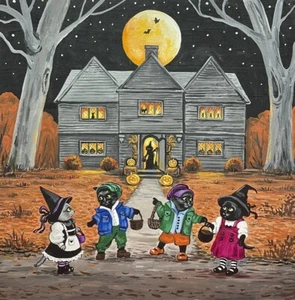 1.5x2 CASA DE MUÑECAS IMPRESIÓN MINIATURA DE PINTURA RYTA ESCALA 1:12 HALLOWEEN Gato Salem - Imagen 1 de 1