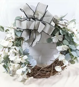 HAND MADE grapevine wreath stiped bow country farmhouse rustic 24 in. NEW - Picture 1 of 6