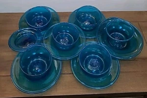 Hand Blown Bubble Glass Dessert Bowls &  Plates Set 13 Teal Blue Antique Vintage - Picture 1 of 22