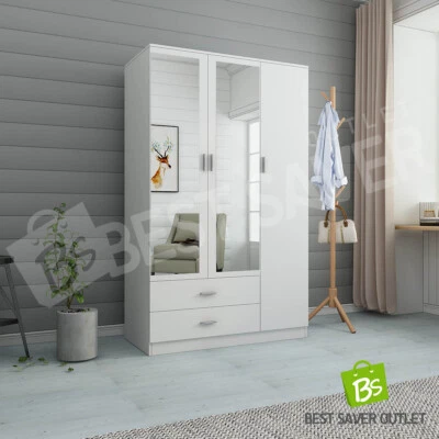 Mirrored Wardrobe Organiser Bedroom Storage Clothes Closet Cabinet 3 Doors White - image 1 of 4