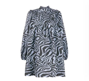 GANNI Tiger Print Mini Dress Womens 36 Small Blue Black Long Sleeve Cotton Boho - Picture 1 of 13