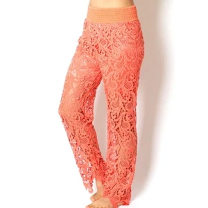 THIS SUMMER SEXY CORAL FLORAL LACE MESH PALAZZO LONG MAXI PANTS S M L - Picture 1 of 12
