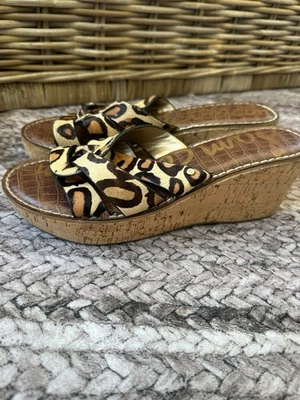 SAM EDELMAN 滑凉鞋 尺寸 9.5Leopard 印花小马毛软木厚底楔形 REID — 第 1/4 张图片