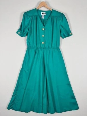 Vintage Leslie Fay Dress Womens 10 Petite Green Fit & Flare Midi Button 80s - Image 1 of 4