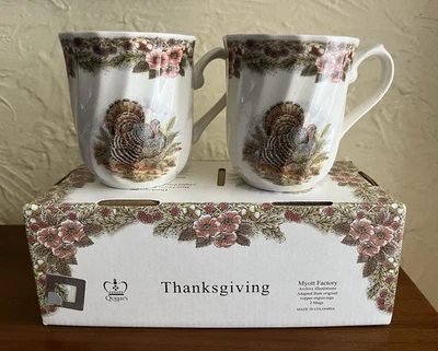 Set of 2 Queens Myott Factory Thanksgiving Mugs Turkey New in Box Never Used