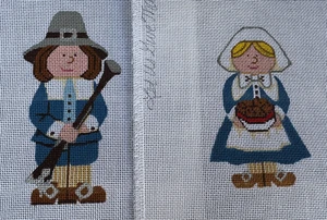 Mr & Mrs Pilgrim Handpainted Needlepoint Canvas + Thread Maran 5.5" Tall Image - Picture 1 of 12