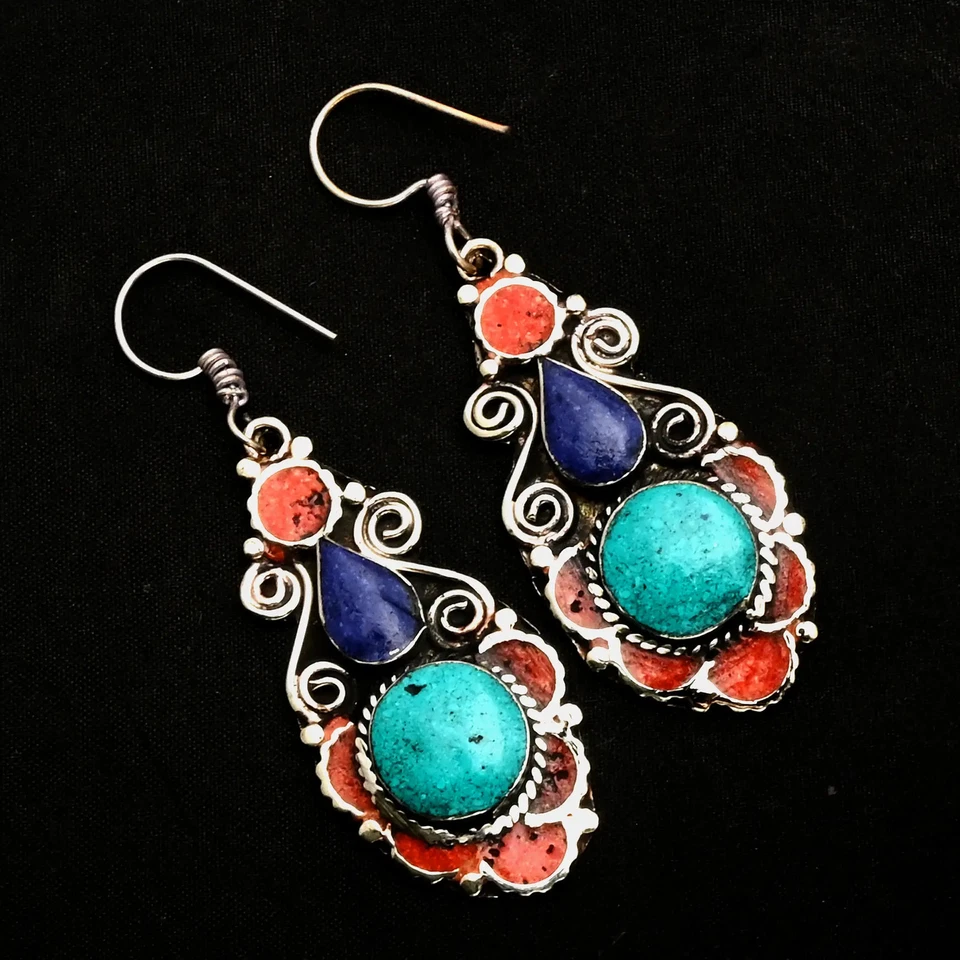 Turquoise Coral Gemstone Drop Dangle Tibetan Earrings Jewelry 2.08" AE-13774 - Image 1 of 1