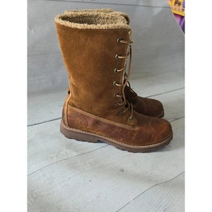 Timberland Roll Top Boots Kids Brown Leather Fleece Size 4.5 - Picture 1 of 10