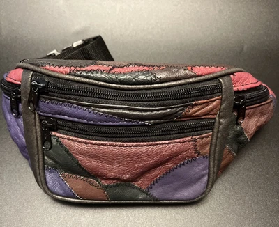 Винтажная лоскутная кожаная сумка Boho Fanny Pack разноцветная талия 5 карманов на молнии - Изображение 1 из 4