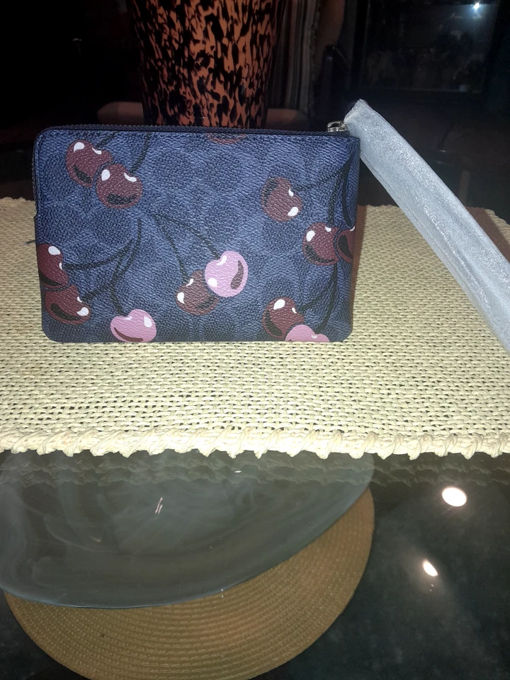 COACH Corner Zip Wristlet Signature Denim/Cherry Print- CZ450