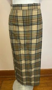 VTG 70s Young Pendleton Skirt Tan Green Pleat Plaid Maxi Long Wool Academia Med - Picture 1 of 6