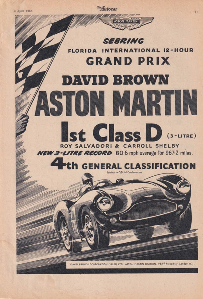 David Brown Aston Martin gana el Gran Premio de Sebring anuncio 1956 Foto 1 de 1