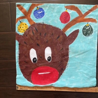 Reindeer Christmas Hand Painted Rudolph Reindeer Ornaments Pillow Cover . 18 In - Image 1 of 4