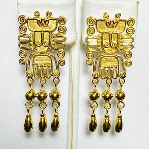 Mexico 14K Yellow Gold Aztec Mayan Figure Omega Back Dangle Drop Earrings 7.4g - Picture 1 of 5