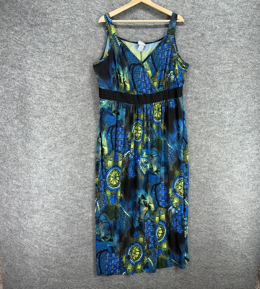 Jaclyn Smith 女式连衣裙 1X Plus 蓝色几何紧身 Midi V 领无袖 — 第 1/4 张图片