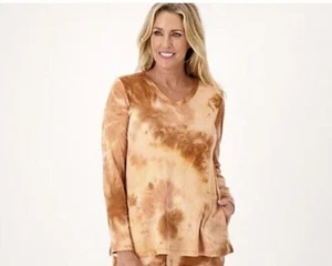 LOGO Lounge by Lori Goldstein Brushed Tie-Dye V-Neck Long Sleeve Top Adobe - Picture 1 of 1