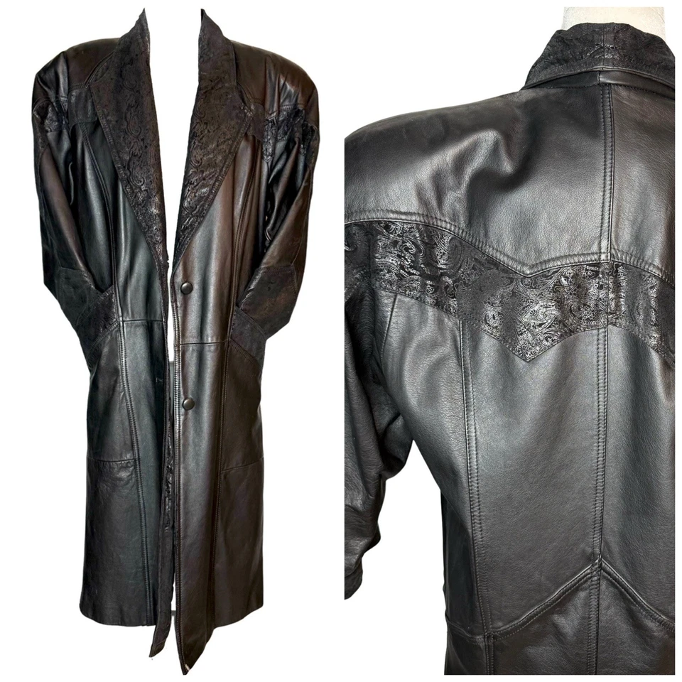 Vintage Winlit Leather Trench Coat S Black Paisley Embossed 80s Western Korea - Image 1 of 4