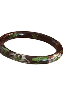 Vintage Chinese Cloisonne Floral Enamel Hinged Black Brass Bangle Bracelet - Picture 1 of 7