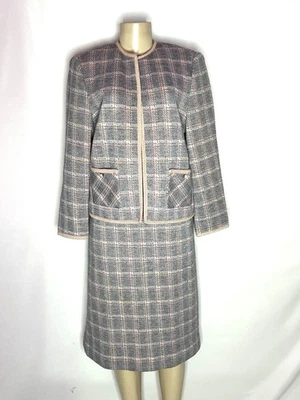 TRAJE FALDA POLIÉSTER A CUADROS GRIS ROSA HEURY LEE VINTAGE TALLA 12 Foto 1 de 4