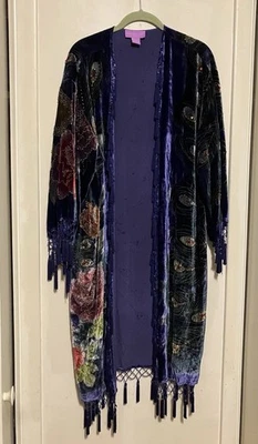 Bata Kimono Pavo Real Vintage Suzanne Somers Mezcla Seda Terciopelo Cuentas OS Foto 1 de 4
