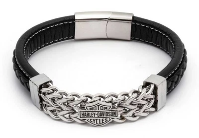 Harley-Davidson para hombre 9 pulgadas Brazalete con barra y escudo de cadena, cuero/acero Foto 1 de 3