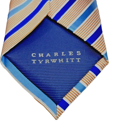 Charles Tyrwhitt Neck Tie Striped Blue Navy Orange 100% Silk 59" X  3 3/8" EUC - Image 1 of 4