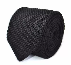 Frederick Thomas Knitted Silk Mens Tie - Black - Plain 8cm Pointed End Wedding - Picture 1 of 3