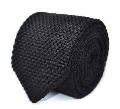 Frederick Thomas Knitted Silk Mens Tie - Black - Plain 8cm Pointed End Wedding - Image 1 of 3